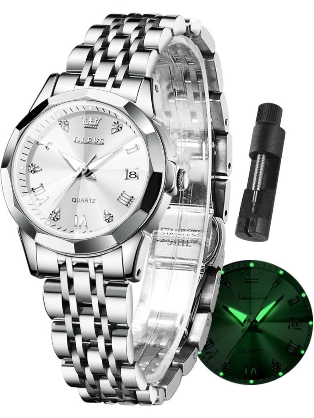 Womens All Silver Analog Diamond Stainless Steel Waterproof Elegant Luxury Watch